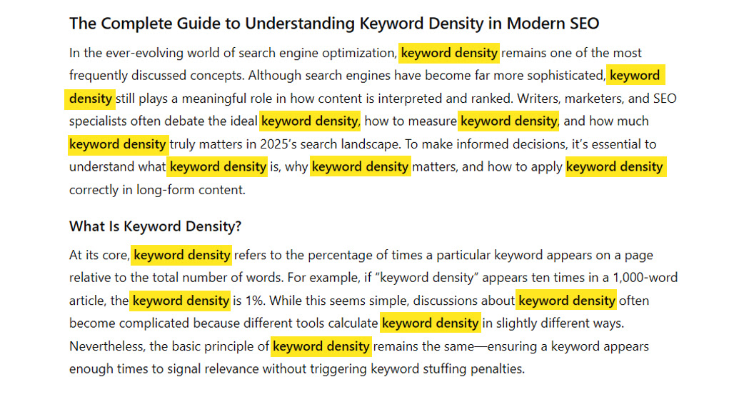 Keyword density formula calculation example