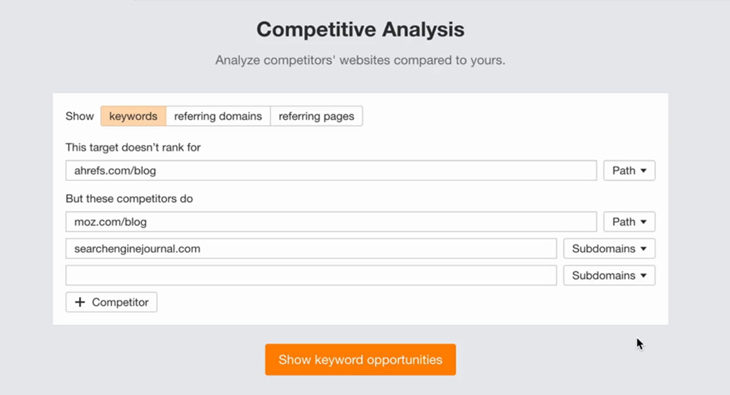 Ahrefs Content Gap Analysis tool interface