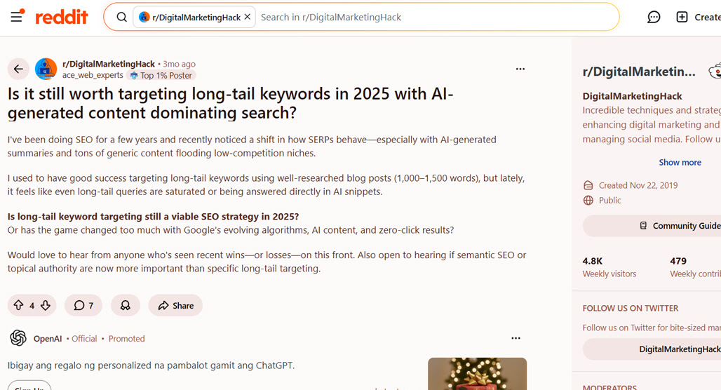 Person researching long-tail keywords on laptop
