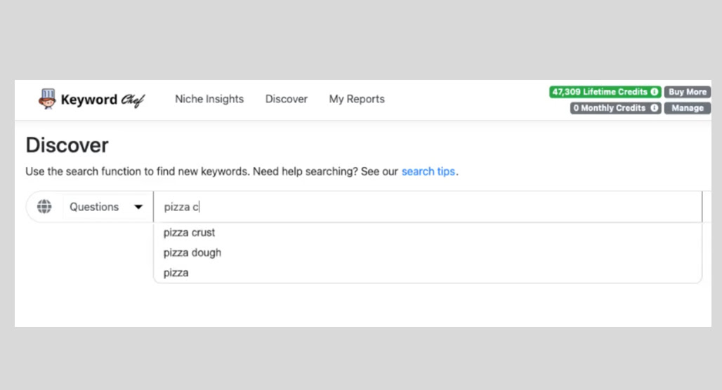 Keyword Chef dashboard displaying search results