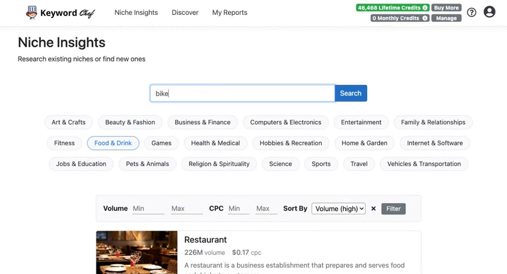 Keyword Chef dashboard interface overview screenshot