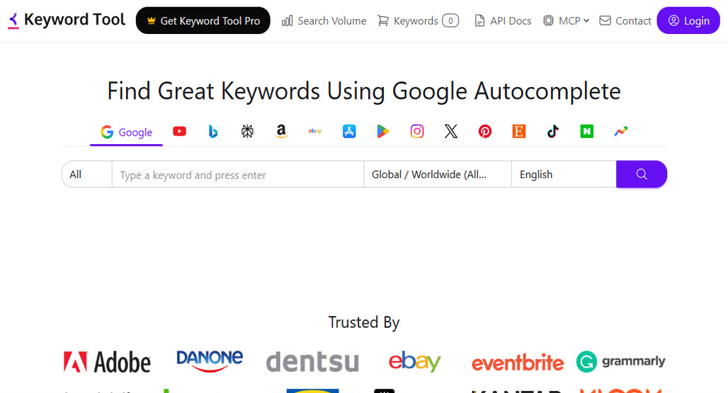 KeywordTool.io search interface generating keyword suggestions