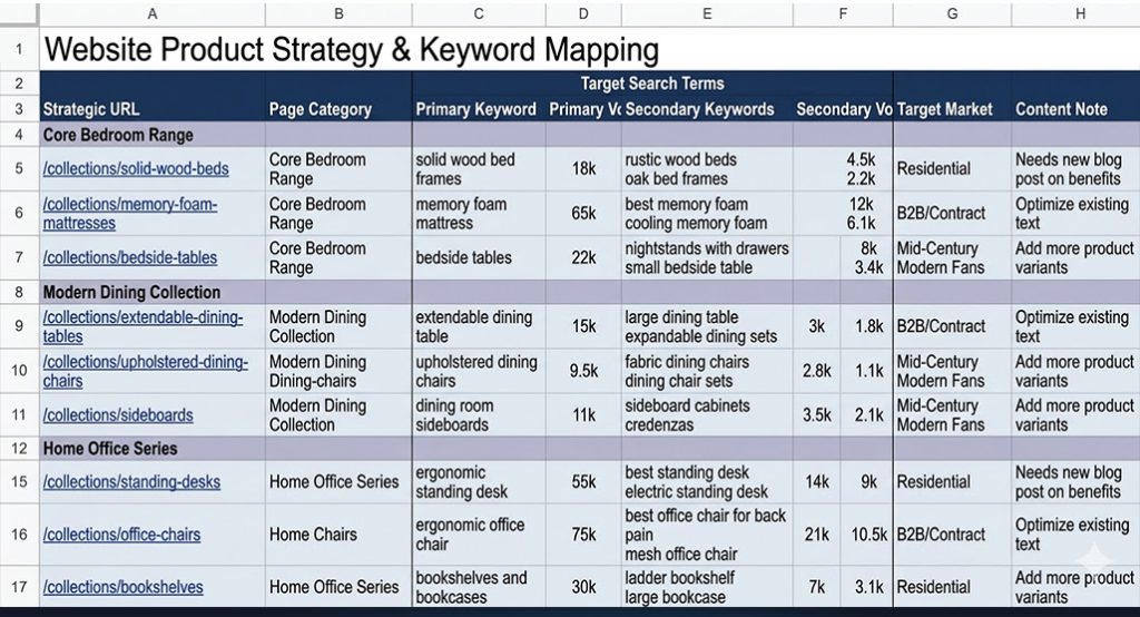 Keyword map spreadsheet with organized columns