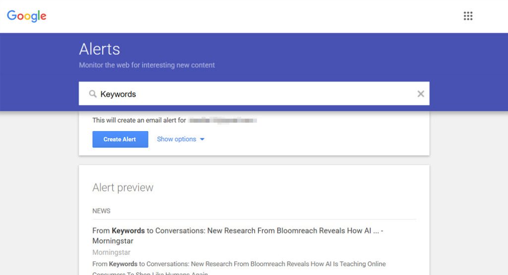 Google Alerts setup interface for Reddit monitoring