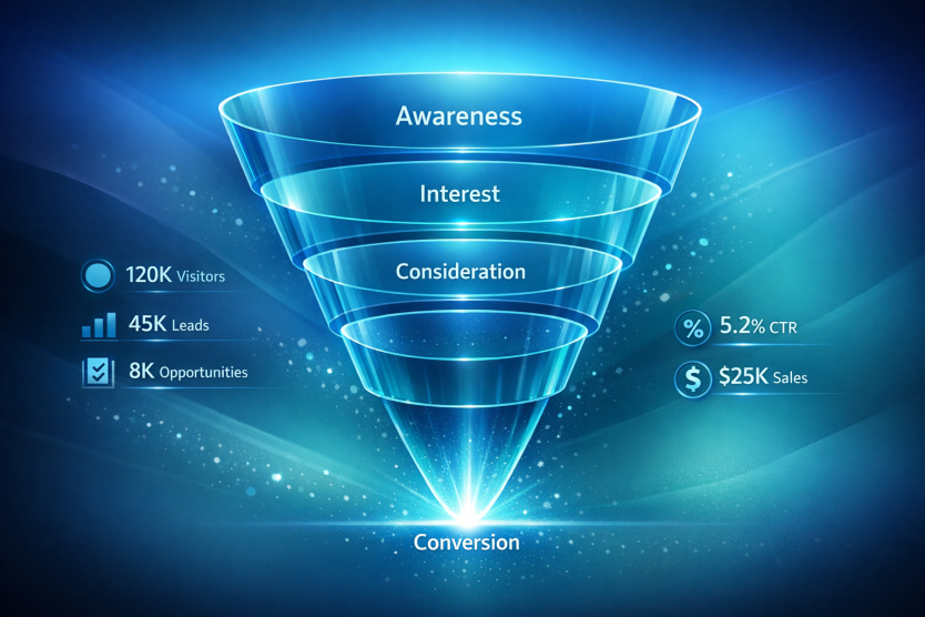 Funnel diagram showing revenue proximity scoring