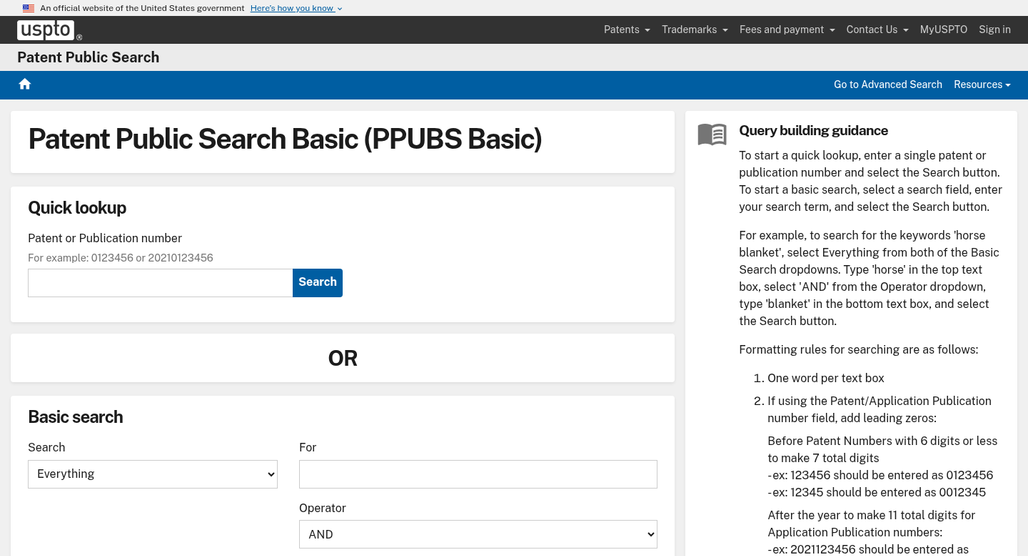 USPTO patent database search interface screenshot