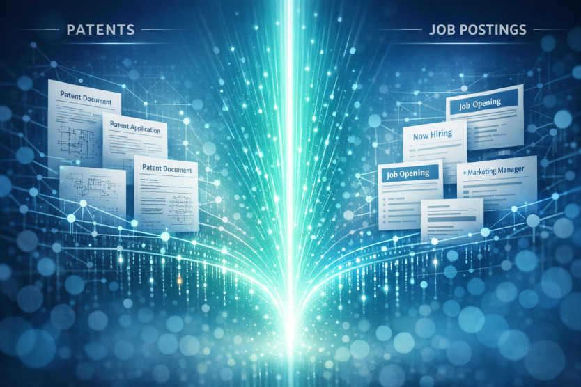 Magnifying glass over patents and job listings